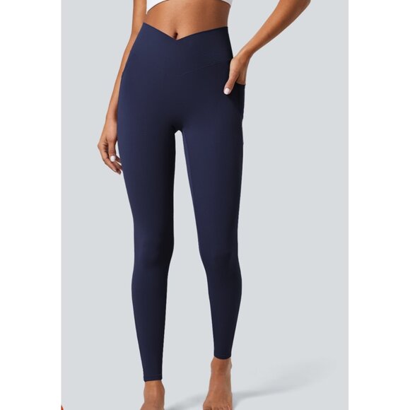 Halara SoftlyZero High-waisted Crossover Yoga Leggings Pockets Sz Medium Navy Bl - Picture 1 of 16